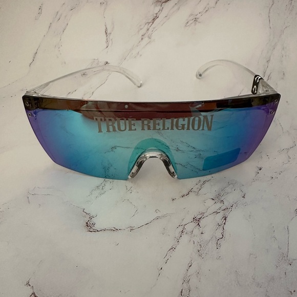 TRUE RELIGION Mirrored Shield Curved Sport Rimless Unisex Sunglasses BNWT - Picture 2 of 10